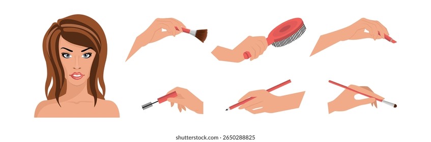 Mão de mulher com conjunto de vetor de produto cosmético e maquiagem