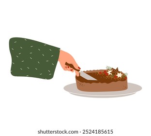 Woman hand cutting home-baked Christmas cake. Christmas bakery. Festive food, cooking process, family culinary, Christmas and New Year traditions concept vector cartoon illustration.