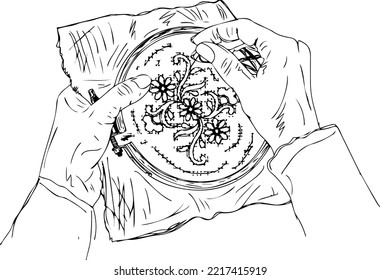 woman hand doing embroidery, female in knitted woolen clothes doing cross-stitch hand work, Beautiful floral flower hand embroidery needle cross stitch needle work , sketch, vector, illustration, draw