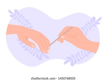 Woman hand doing manicure push back the cuticles use orange stick and clean the fingernails. Flat vector illustration