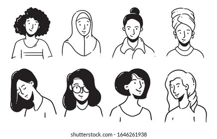 Woman hand drawn avatar, collection element, diversity.