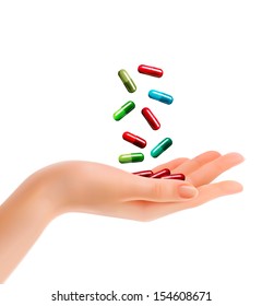 Mujer con pastillas que caen. Ilustración vectorial.