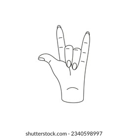 Woman hand fingers rock heavy metal gesture minimalist monochrome line art icon vector