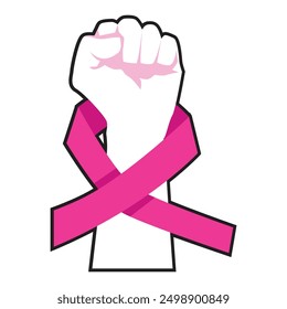 Woman hand fist with pink ribbon vector illustration. Breast cancer fighting	