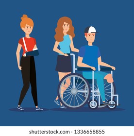 woman with hand fracture and man sitting in the wheelchair
