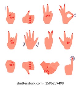 Woman hand gestures with red nails manicure set isolated on white background. Thumb up and ok, peace and attention, like and dislike. Vector cartoon flat illustration.