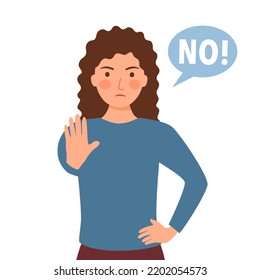 Woman with hand gesturing no or stop sign in flat design. No means no concept.