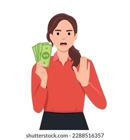 Woman with hand gesturing no or stop while holding money. No gamble or wrong investment. Flat vector illustration isolated on white background