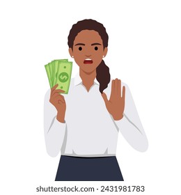 Woman with hand gesturing no or stop while holding money. No gamble or wrong investment. Flat vector illustration isolated on white background