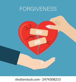 Woman hand give fixed broken heart for man. Repaired red heart with plaster. Recovery, relationship. forgiveness of resentment and disappointment, psychological problems and their solution. vector