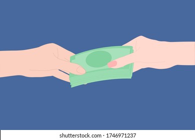 Woman Hand Giving Money to Other Hand. Holding banknote. Sending cash To someone. Exchange, corruption, payment, deal concept. 