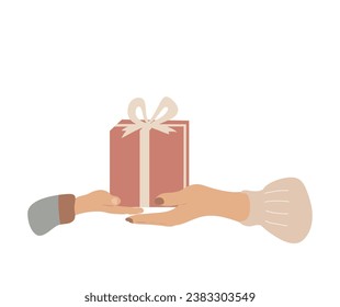 Woman hand giving a present to a child hand. Holiday gift box for kid in hands.