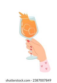 Woman hand with glass of alcohol cocktail or drink vector illustration isolated on white background. Female holds aperol with ice. People celebrating with toasts and cheering. Party, holiday time.