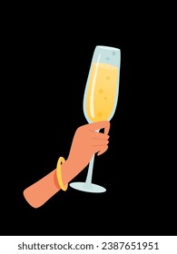 Woman hand with glass of alcohol cocktail or drink vector illustration isolated on black background. Female holds goblet with champagne. People celebrating with toasts and cheering. Party time.