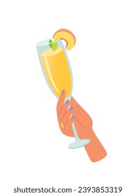 Woman hand with glass of alcohol cocktail or drink vector illustration isolated on white background. Female holds goblet with champagne. People celebrating with toasts and cheering. Party time.