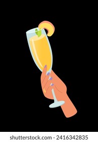 Woman hand with glass of alcohol cocktail or drink vector illustration isolated on black background. Female holds goblet with champagne. People celebrating with toasts and cheering. Party time.