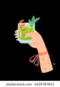 Woman hand with glass of alcohol cocktail or drink with lime vector illustration isolated on black background. Female holds goblet with mojito or wine. People celebrating with toasts and cheering.