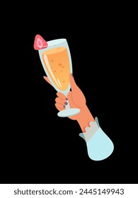 Woman hand with glass of alcohol cocktail or drink vector illustration isolated on black background. Female holds goblet with orange cocktail. People celebrating with toasts and cheering. Party time.