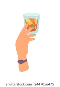 Woman hand with glass of alcohol cocktail or drink with ice and lemon vector illustration isolated on white background. Female holds goblet with wine. People celebrating with toasts and cheering.