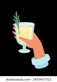 Woman hand with glass of alcohol cocktail or drink with ice vector illustration isolated on black background. Female person holds goblet with wine. People celebrating with toasts and cheering. Party.