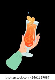 Woman hand with glass of alcohol cocktail or drink vector illustration isolated on black background. Female holds aperol with ice and orange. People celebrating with toasts and cheering. Party.