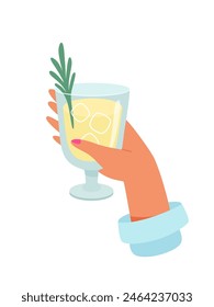 Woman hand with glass of alcohol cocktail or drink with ice vector illustration isolated on white background. Female person holds goblet with wine. People celebrating with toasts and cheering. Party.