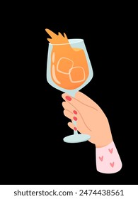 Mano de mujer con vaso de cóctel de alcohol o Ilustración vectorial de bebida aislado sobre fondo negro. Hembra sostiene el aperol con hielo. Personas celebrando con brindis y vítores. Fiesta, vacaciones.