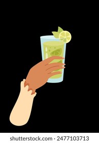 Mano de mujer con vaso de cóctel de alcohol o bebida con Ilustración vectorial de cal aislado sobre fondo negro. La hembra sostiene la copa con mojito o vino. Personas celebrando con brindis y vítores.