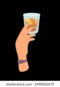 Mano de mujer con vaso de cóctel de alcohol o bebida con hielo y Ilustración vectorial de limón aislado sobre fondo negro. La hembra sostiene la copa con vino. Personas celebrando con brindis y vitoreando.