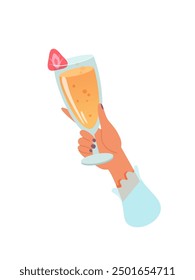 Mano de mujer con vaso de cóctel de alcohol o Ilustración vectorial de bebida aislada sobre fondo blanco. La hembra sostiene la copa con un cóctel naranja. Personas celebrando con brindis y vitoreando. Hora de la fiesta.