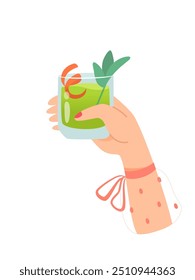 Mano de mujer con vaso de cóctel de alcohol o bebida con Ilustración vectorial de cal aislada sobre fondo blanco. La hembra sostiene una copa con mojito o vino. Personas celebrando con brindis y vitoreando.