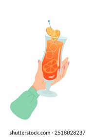 Mano de mujer con vaso de cóctel de alcohol o Ilustración vectorial de bebida aislada sobre fondo blanco. La hembra sostiene una pistola con hielo y naranja. Personas celebrando con brindis y vitoreando. Fiesta.