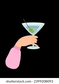 Woman hand with glass of martini with olives vector illustration isolated on black background. Female holds goblet with alcohol cocktail. People celebrating with toasts and cheering. Party time.