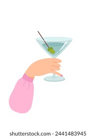 Woman hand with glass of martini with olives vector illustration isolated on white background. Female holds goblet with alcohol cocktail. People celebrating with toasts and cheering. Party time.