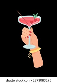 Woman hand with glass of pink margarita vector illustration isolated on black background. Female holds goblet with alcohol cocktail or wine. People celebrating with toasts and cheering. Party, event.