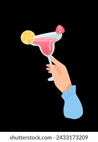 Woman hand with glass of pink margarita or daiquiri vector illustration isolated on black background. Female holds goblet with alcohol cocktail with fruits. People celebrating with toasts and cheering