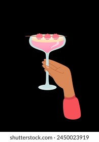 Woman hand with glass of pink margarita vector illustration isolated on black background. Female holds goblet with alcohol cocktail with fruits. People celebrating with toasts and cheering. Party.