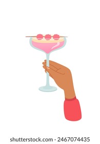 Woman hand with glass of pink margarita vector illustration isolated on white background. Female holds goblet with alcohol cocktail with fruits. People celebrating with toasts and cheering. Party.