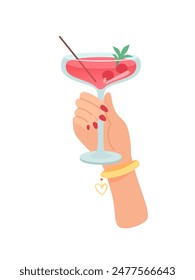 Mano de mujer con vaso de Ilustración vectorial de margarita rosa aislado sobre fondo blanco. La hembra sostiene la copa con el cóctel de alcohol o el vino. Personas celebrando con brindis y vítores. Fiesta, evento.