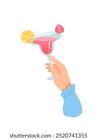 Mano de mujer con vaso de Ilustración vectorial de margarita o daiquiri rosa aislado sobre fondo blanco. La hembra sostiene una copa con un cóctel con frutas. Personas celebrando con brindis y vitoreando. Fiesta.