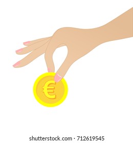 Woman hand with golden coin on white background. EPS10 vector illustration. Hand with pink nail polish picking up money with euro sign. Payment, donation concept.
