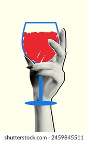 Woman hand with a halftone effect holds a glass of wine in a doodle style. Vector illustration in retro collage style.