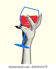 Mano de mujer con un efecto de semitono sostiene una copa de vino en un estilo doodle. Ilustración vectorial en estilo collage retro.