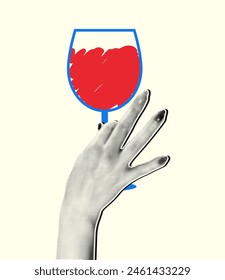 Mano de mujer con un efecto de semitono sostiene una copa de vino en un estilo doodle. Ilustración vectorial en estilo collage retro.