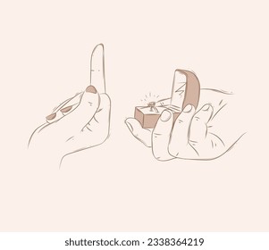 Woman hand hard reject marriage proposal with ring in jewelry box drawing on beige background