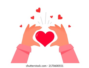 Mano de mujer con forma de corazón sobre fondo de color blanco. Donación de amabilidad vectorial e ilustración de caridad con forma de corazón rojo. Diseño romántico de estilo plano para tarjeta de felicitación, afiche del Día de San Valentín