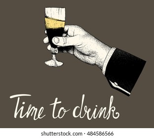 Woman hand hold a glass of of alcohol drink on black background.Vector vintage illustration