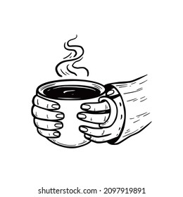 Woman hand hold hot winter drink cup. Warm coffee, tea, chocolate concept. Hand drawn sketch style. Drink christmas mug. Vector illustration.