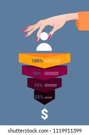 woman hand hold human icon sales funnel stages business infographic. purchase diagram concept over blue background copy space flat design vector illustration