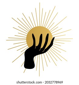 Woman hand hold the sun. Wicca, alchemy, mystical, magic, celestial, esoteric, sacred, spiritual, occultism inspired concept. Witch hand. Hand drawn vector